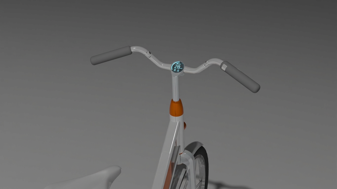 Circular stem HUD showing speed, battery, and tyre pressure